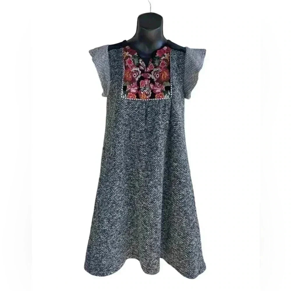 THML Women's black Embroidered Floral Flutter Sleeve
Dress velvet shoulders XS